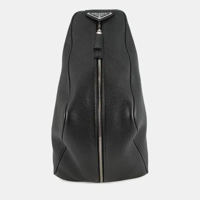 Pre-owned Prada Vitello Dino Triangle Backpack Black Leather