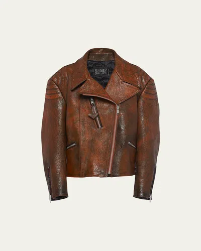 Prada Vitello Leather Bikerjacket In Papaya