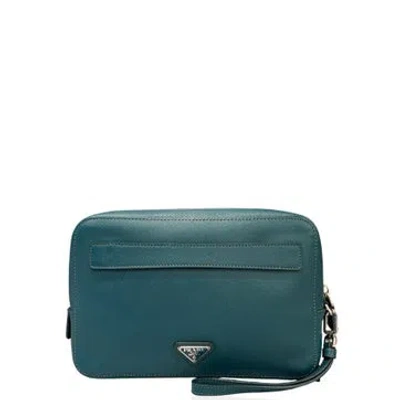 Pre-owned Prada Vitello Leather Clutch Green