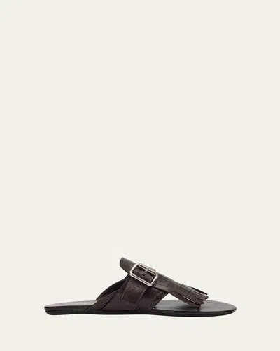 Prada Vitello Leather Fringe Buckled Thong Sandals In Brown