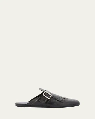 Prada Vitello Leather Fringe Shuffle Mule Loafers In Nero