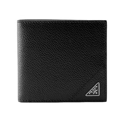 Pre-owned Prada Vitello Micro Grain Black Leather Triangle Logo Bifold Wallet
