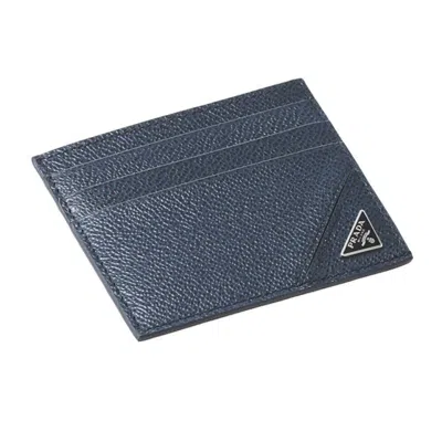 Pre-owned Prada Vitello Micro Grain Navy Triangle Logo Cardholder Wallet In Blue