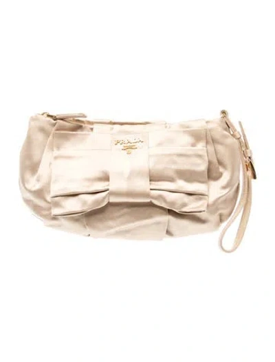 Pre-owned Prada Vitello Shine Satin Raso Wristlet Clutch In Neutral