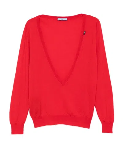 Prada V-neck Cashmere Sweater In Red