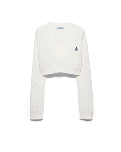 Prada V-neck Cotton Sweater In White