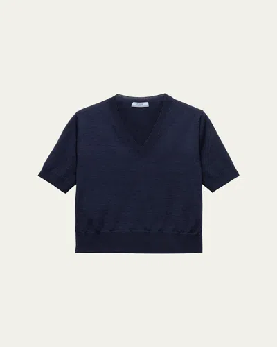 Prada V-neck Short Sleeve Boxy Wool Sweater In Bleu