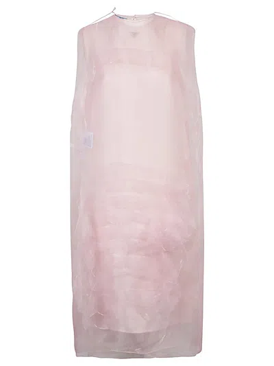 Prada Sheer Overlay Crew Neck Midi Dress In Pink