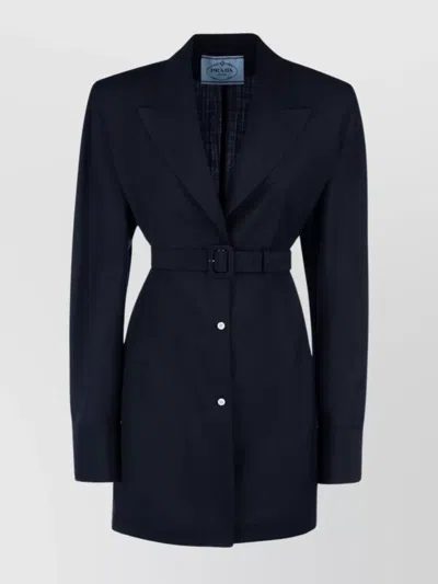 Prada Waist Belted Long Sleeve Lapel Jacket In Blue