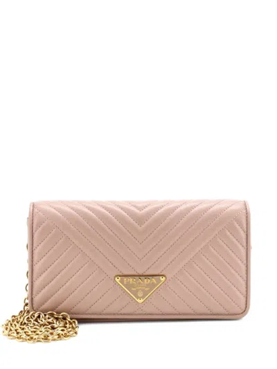 Pre-owned Prada Wallet On Chain Diagramme Quilted Leather Crossbody Bag In Neutral