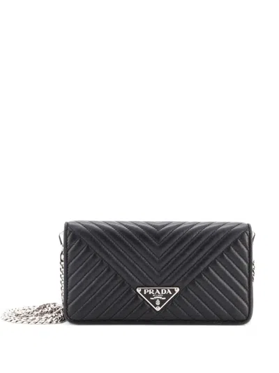 Pre-owned Prada Wallet On Chain Diagramme Quilted Leather Small Shoulder Bag In Black