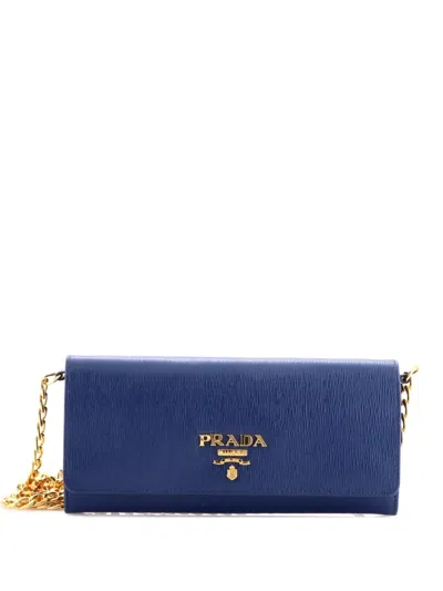 Pre-owned Prada Wallet On Chain Vitello Move Long Crossbody Bag In Blue