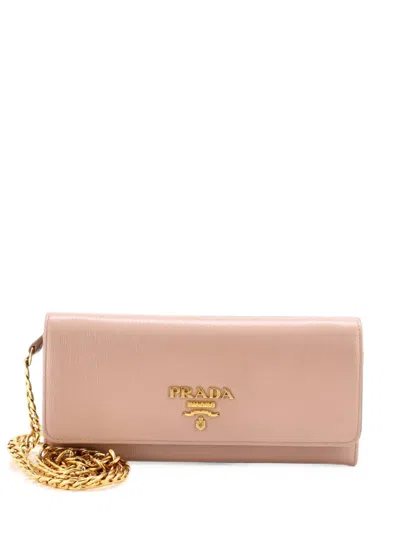 Pre-owned Prada Wallet On Chain Vitello Move Long Crossbody Bag In Neutrals