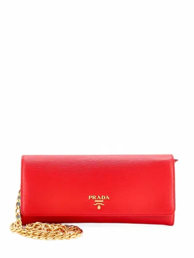 Pre-owned Prada Wallet On Chain Vitello Move Long Crossbody Bag In Red