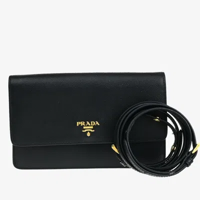 Pre-owned Prada Wallet On Strap Saffiano Leather Leather Bag () In Black