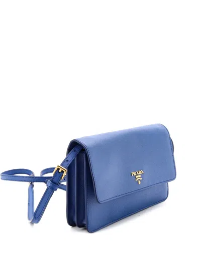 Pre-owned Prada Wallet On Strap Saffiano Leather Small Crossbody Bag In Blue