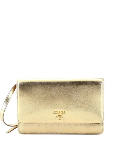 Pre-owned Prada Wallet On Strap Saffiano Leather Small Crossbody Bag In Gold