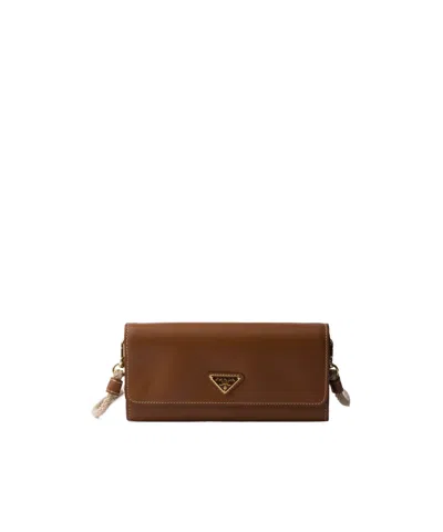 Prada Wallet With Shoulder Strap In Cognac