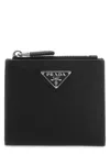 Prada Grained Leather Triangle Card Holder In Black