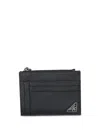 Prada Triangle Logo Saffiano Leather Zip Cardholder In Black