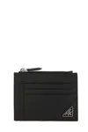 Prada Triangle Logo Saffiano Leather Zip Cardholder In Black
