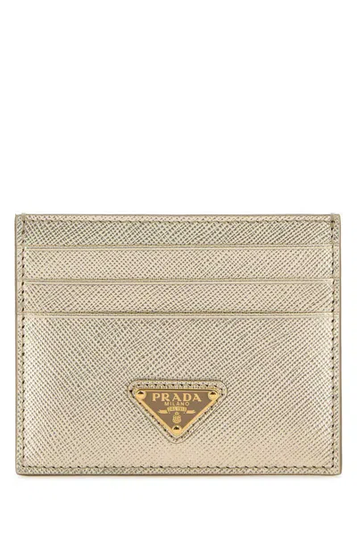 Prada Calf Leather Card Holder With Logo In Gold