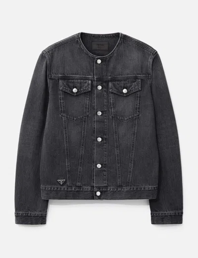 Prada Washed Denim Collarless Jacket In Black