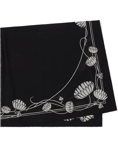 Prada Waterlily-print Lightweight Scarf In Black