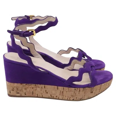 Prada Wavy Strap Accent Wedge Sandals In Violet Suede In Purple
