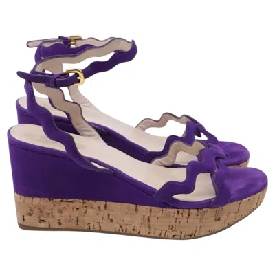 Pre-owned Prada Wavy Strap Accent Wedge Sandals In Violet Suede In Purple
