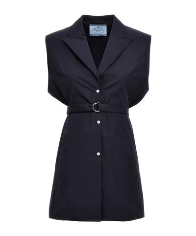 Prada Waist Belted Notched Lapel Sleeveless Knitwear In Black