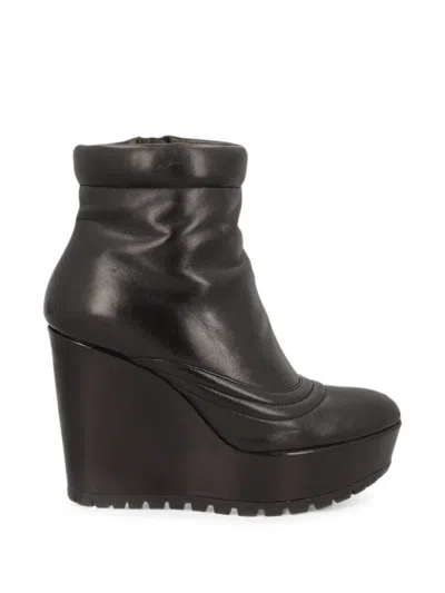 Pre-owned Prada Wedge Leather Ankle Boots In Black