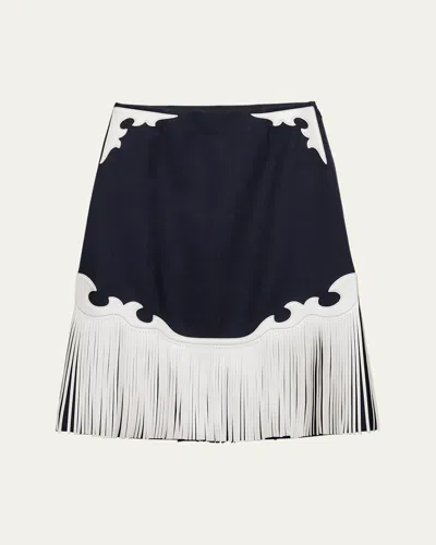 Prada Rush Stitch Skirt With Leather Fringe In Navy