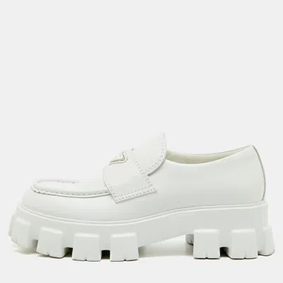 Pre-owned Prada White Brushed Leather Monolith Loafers Size 42.5