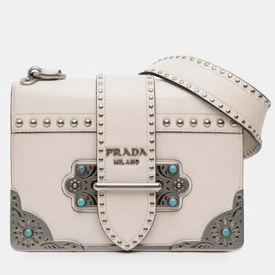 Pre-owned Prada White City Calf Studded Folk Cahier Crossbody