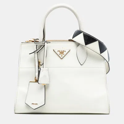 Pre-owned Prada White City Calf Trimmed Saffiano Greche Paradigme Bag