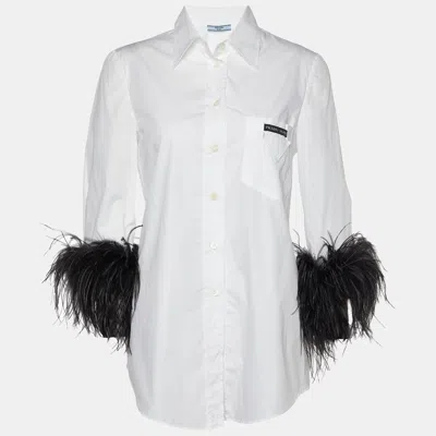 Pre-owned Prada White Cotton Feather Trimmed Button Front Shirt S