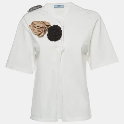 Pre-owned Prada White Cotton Floral Embellished Short Sleeve Top Xs