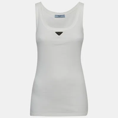 Pre-owned Prada White Cotton Jersey Triangle Logo Tank Top Xs