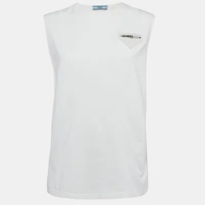 Pre-owned Prada White Cotton Knit Zip Detail Sleeveless Top Xs