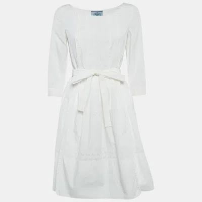 Pre-owned Prada White Cotton Lace Trim Detail Pleated Short Dress S
