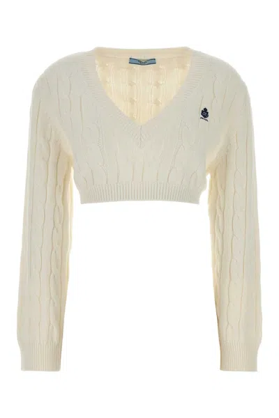 Prada Cropped Cotton Sweater V Neck Cable Knit In Brown