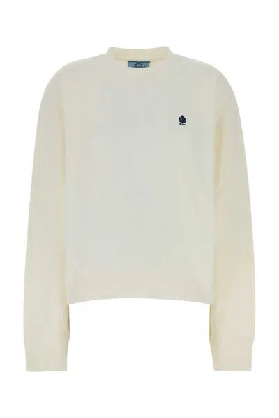 Prada Cotton Crew Neck Sweatshirt Ribbed Hem Cuffs In Yellow