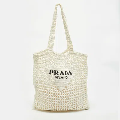 Pre-owned Prada White Crochet Straw Tote