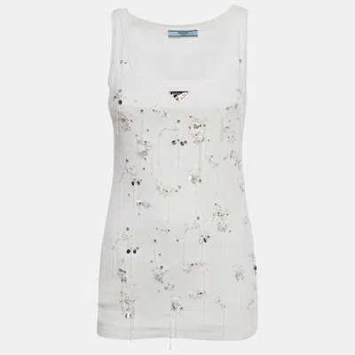 Pre-owned Prada White Embellished Cotton Jersey Tank Top S