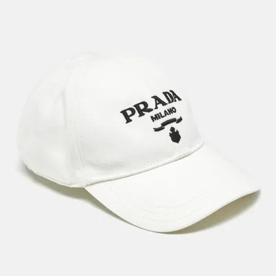 Pre-owned Prada White Embroidered Logo Canvas Baseball Cap M