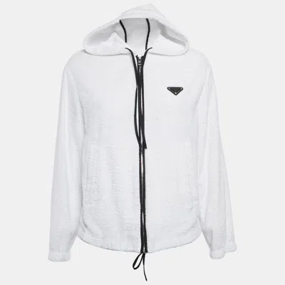 Pre-owned Prada White Enamel Metal Logo Terry Hoodie Jacket S