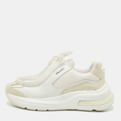 Pre-owned Prada White Fabric And Leather Systeme Lace Up Sneakers Size 41