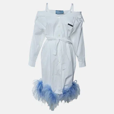 Pre-owned Prada White Feather Trimmed Cold Shoulder Shirt Dress S