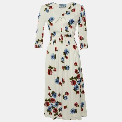 Pre-owned Prada White Floral Printed Crepe Midi Dress S